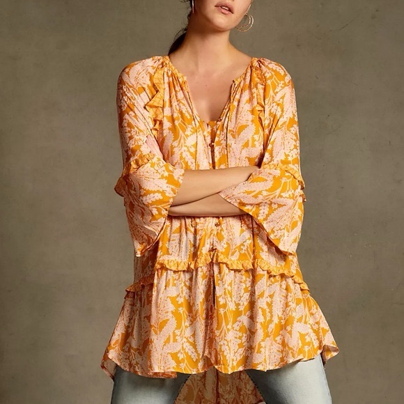 Anthropologie Tops - Anthropologie Sz M Mia Bohemian Semi Sheer Printed Flutter Sleeves Blouse Tunic